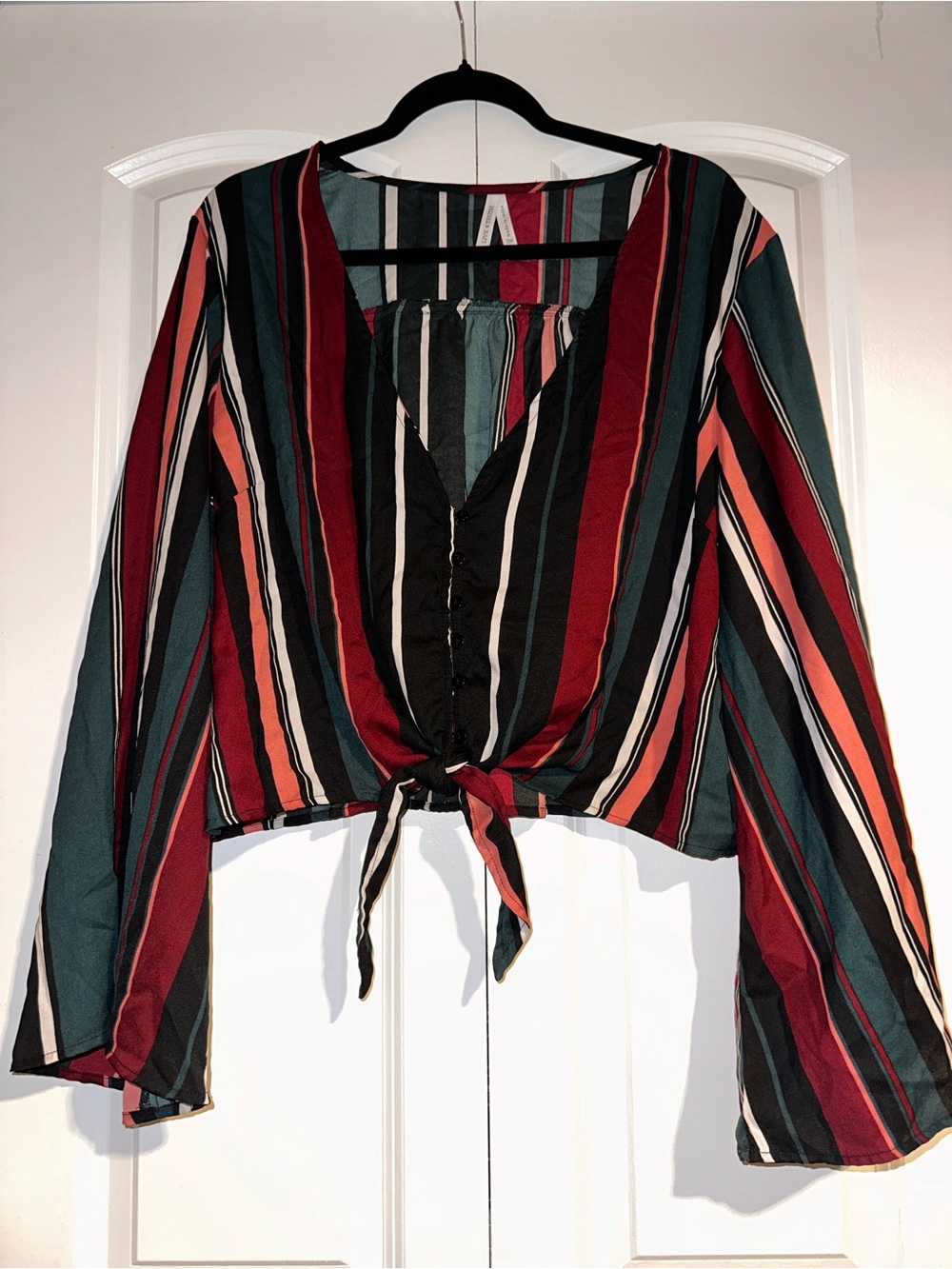 Striped Tie-Front Women's Blouse - Red & Teal